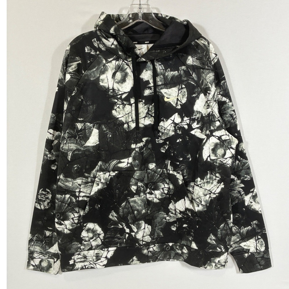 Nike Therma-FIT Mens L Black White Floral Print Training Hoodie DQ4836-010